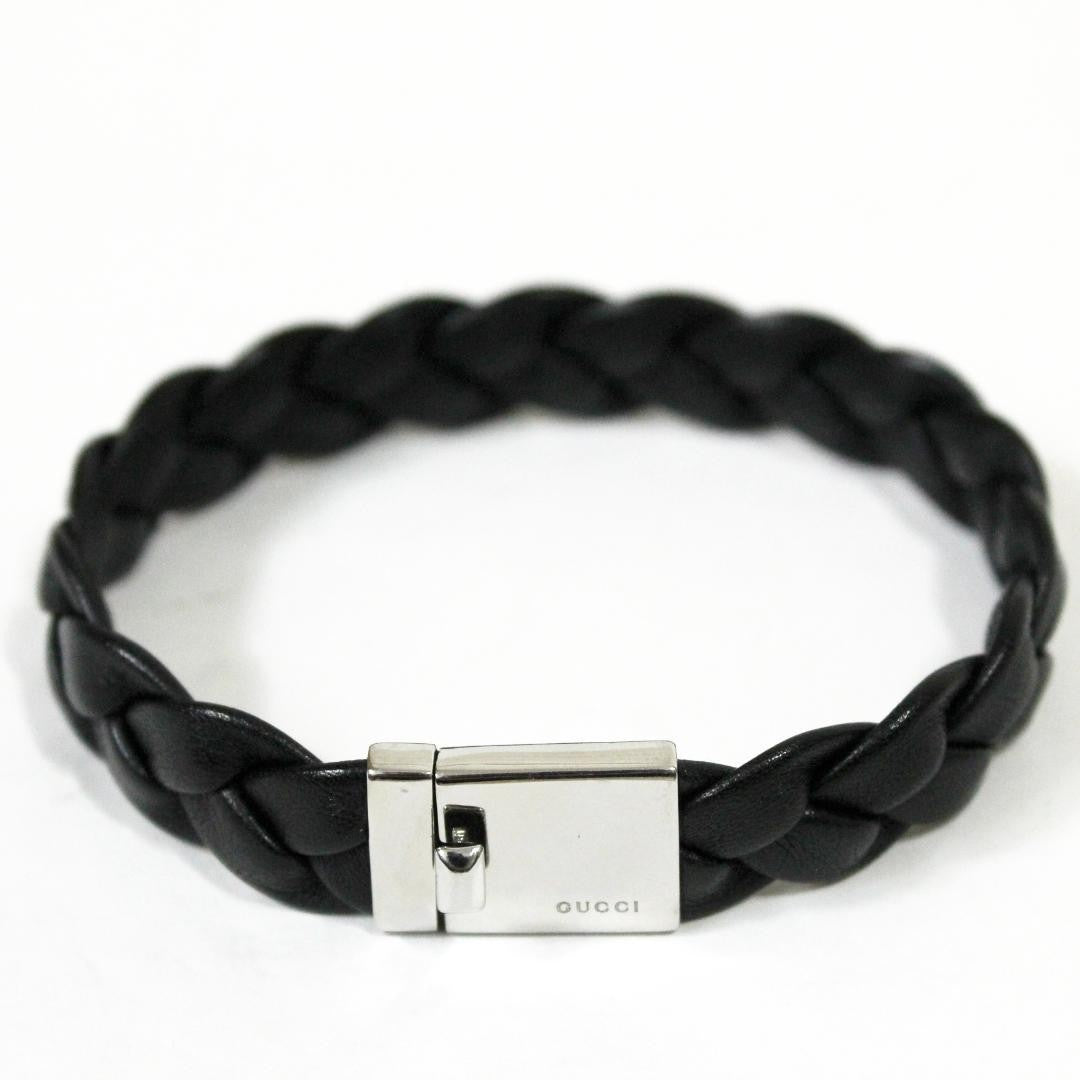 GUCCI Bracelet Bangle Leather Silver Black Women Accessory Authentic