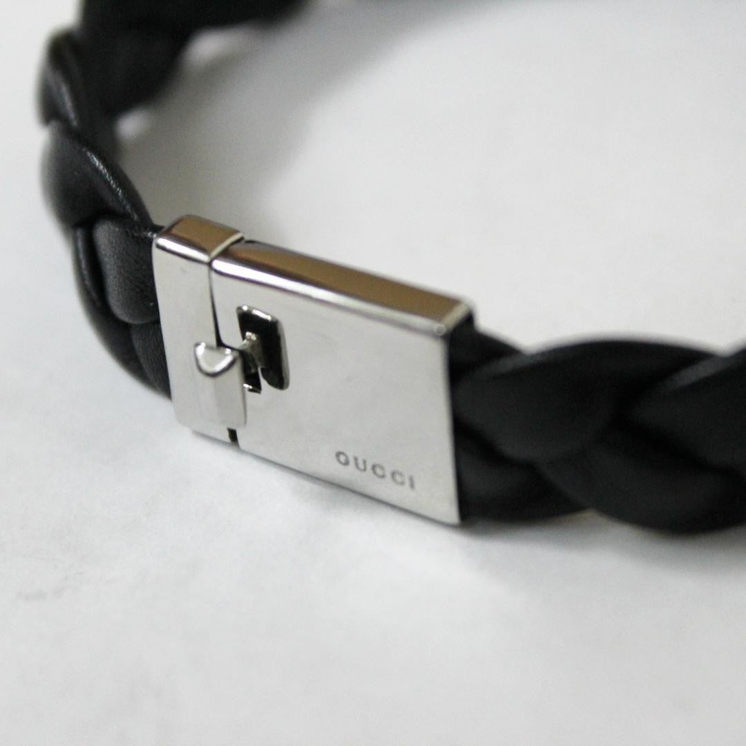 GUCCI Bracelet Bangle Leather Silver Black Women Accessory Authentic