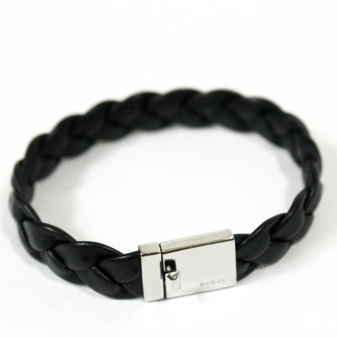 GUCCI Bracelet Bangle Leather Silver Black Women Accessory Authentic