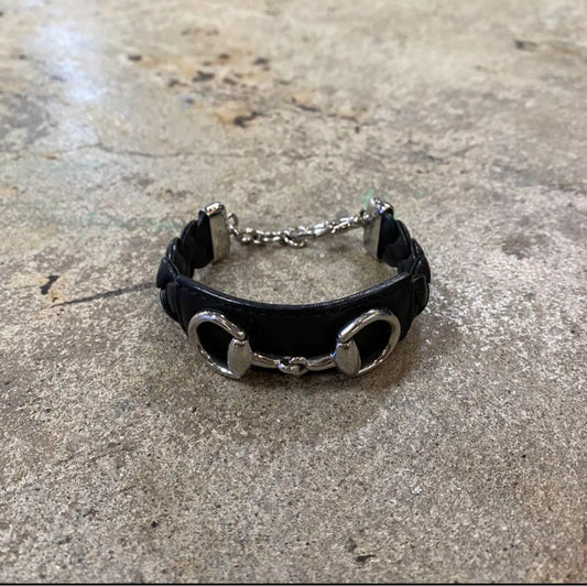 GUCCI Bracelet Bangle Horsebit Leather Silver Black Men's Accessory Authentic