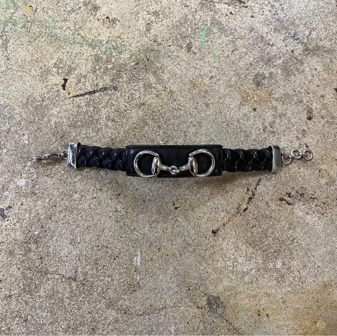 GUCCI Bracelet Bangle Horsebit Leather Silver Black Men's Accessory Authentic