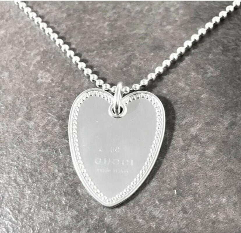 GUCCI Necklace Pendant Heart Plate Studs Ball Chain Silver 925 Accessory Auth