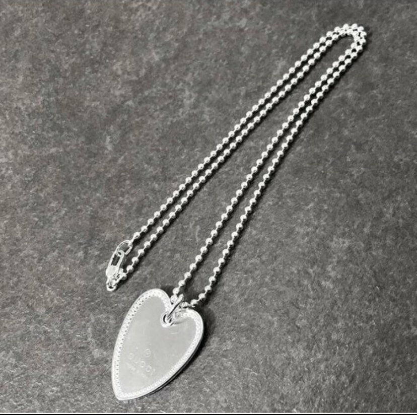 GUCCI Necklace Pendant Heart Plate Studs Ball Chain Silver 925 Accessory Auth