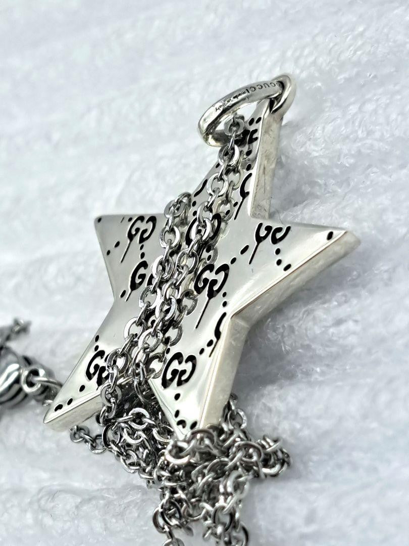 GUCCI Necklace Pendant GG Star Logo Ghost Reversible Silver 925 Unisex Accessory