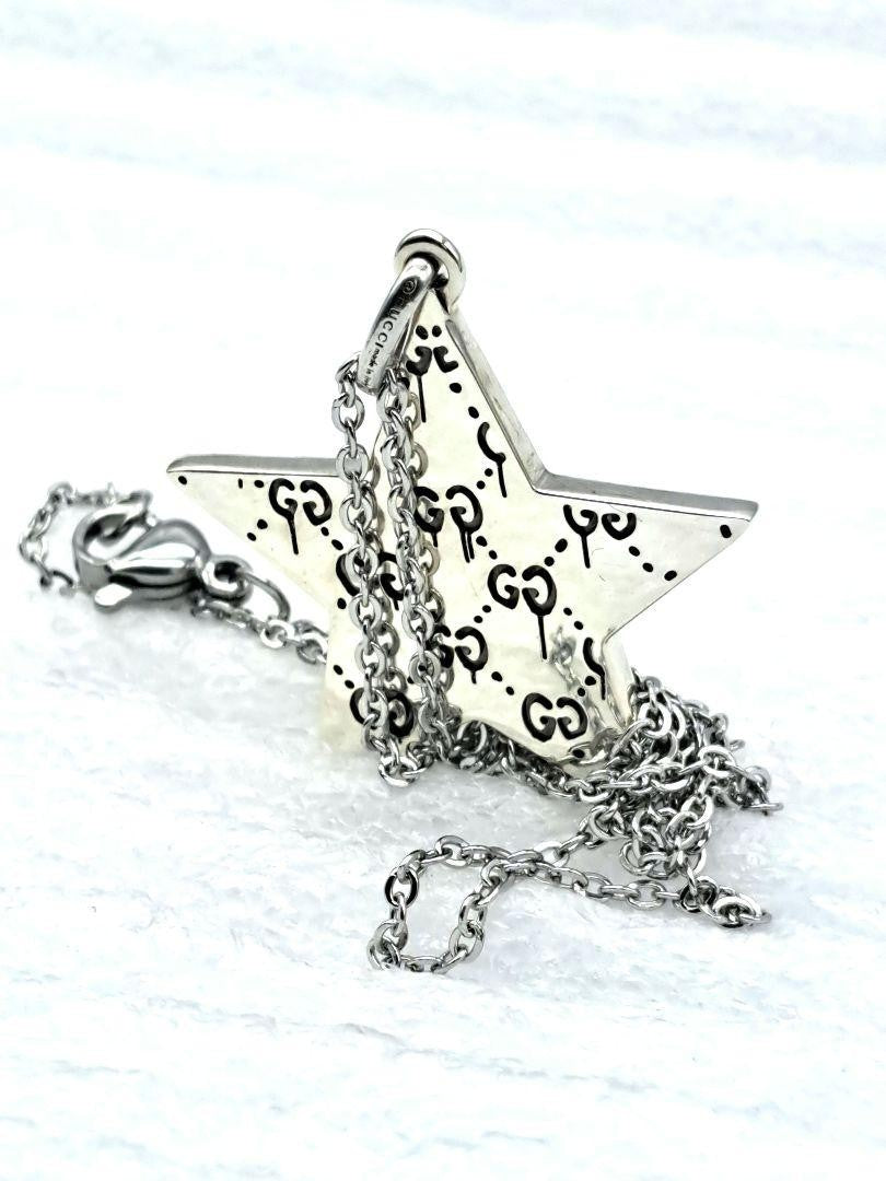 GUCCI Necklace Pendant GG Star Logo Ghost Reversible Silver 925 Unisex Accessory