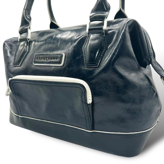 Longchamp Hand Bag Tote Purse Patent Leather Navy Authentic