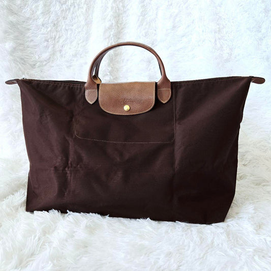 Longchamp Hand Bag Tote Purse Le Pliage Nylon Leather Brown Authentic