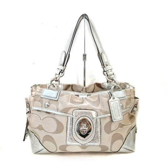 COACH Hand Bag Tote Purse Signature Satin Patent Leather Beige Silver Authentic