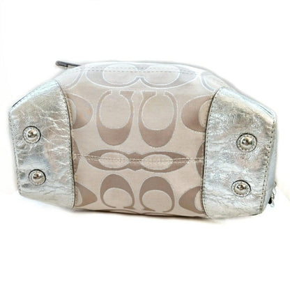 COACH Hand Bag Tote Purse Signature Satin Patent Leather Beige Silver Authentic