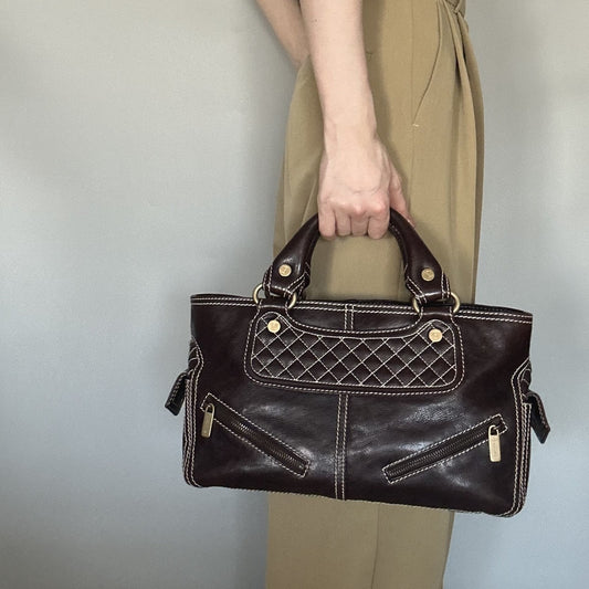 CELINE Boogie Bag Handbag Purse Leather Quilted Brown Gold Used Auth Women's