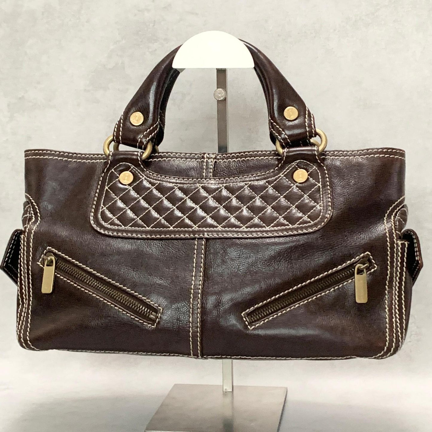 CELINE Boogie Bag Handbag Purse Leather Quilted Brown Gold Used Auth Women's