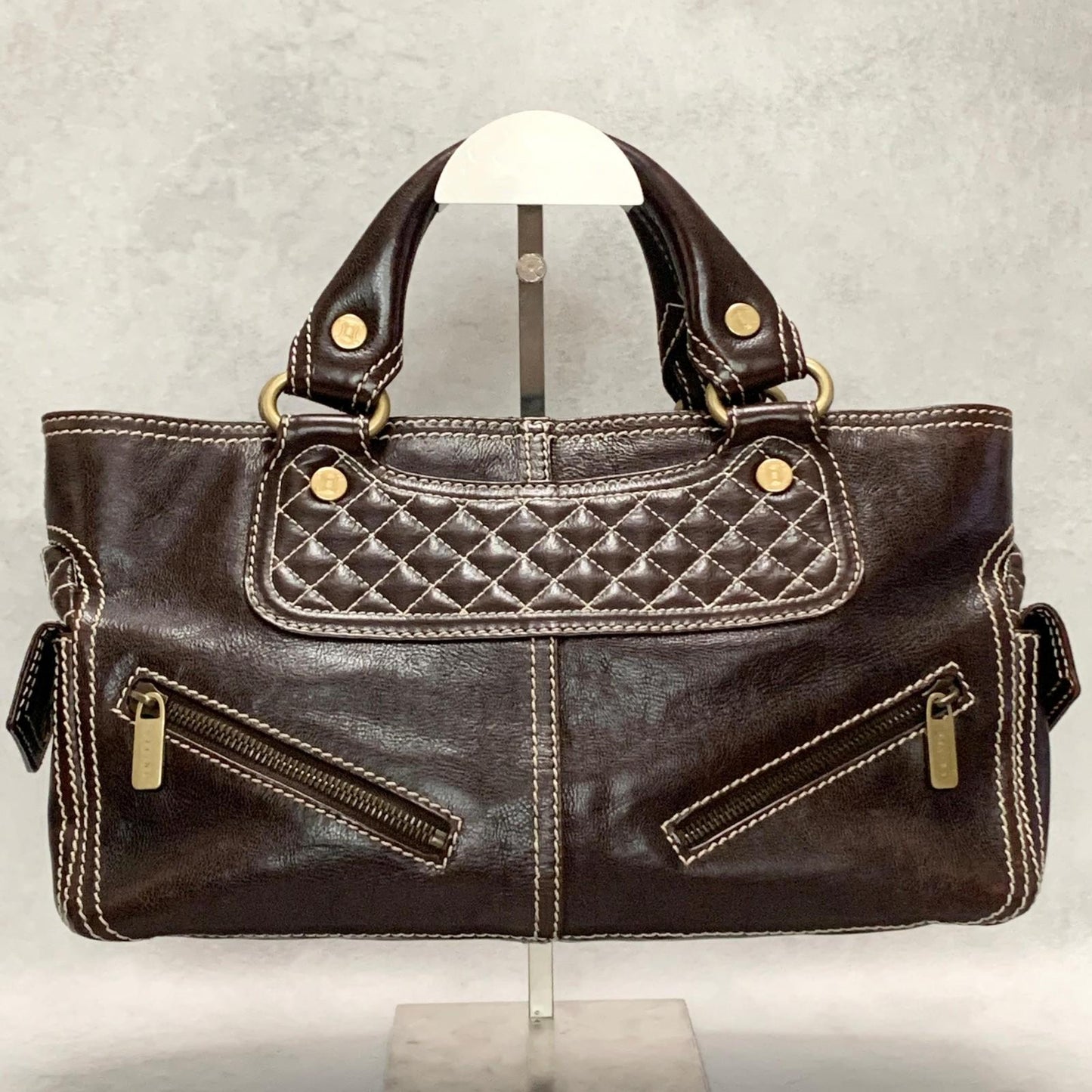 CELINE Boogie Bag Handbag Purse Leather Quilted Brown Gold Used Auth Women's