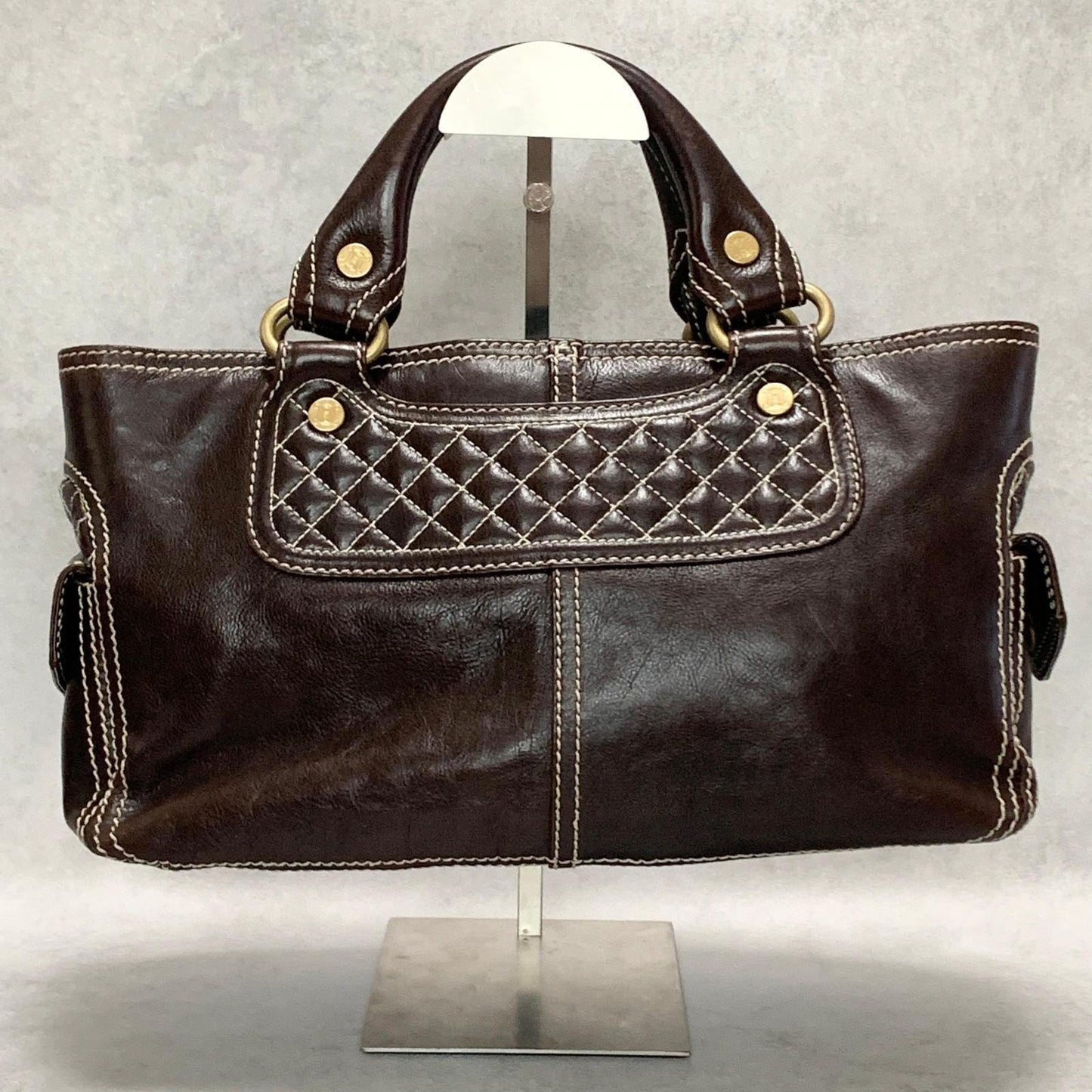 CELINE Boogie Bag Handbag Purse Leather Quilted Brown Gold Used Auth Women's