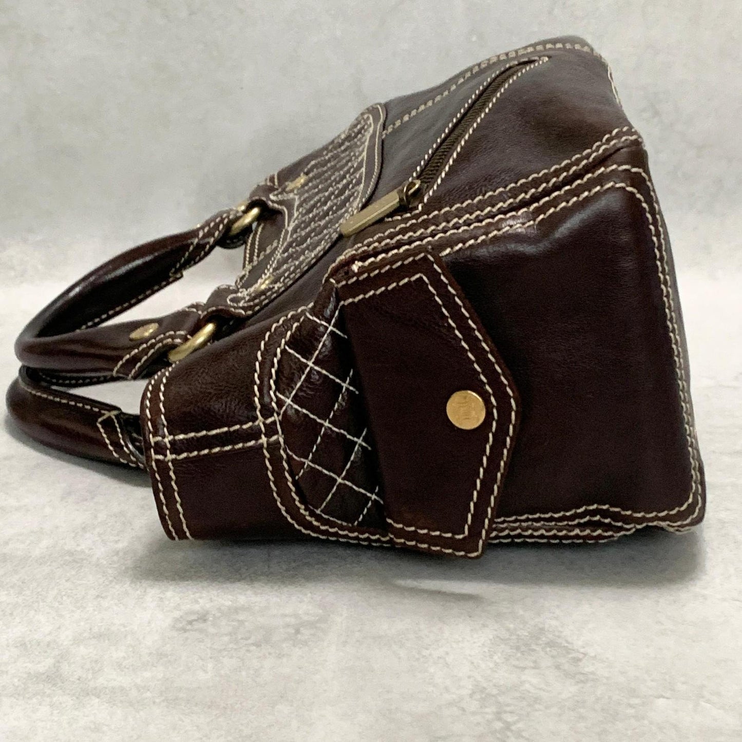CELINE Boogie Bag Handbag Purse Leather Quilted Brown Gold Used Auth Women's