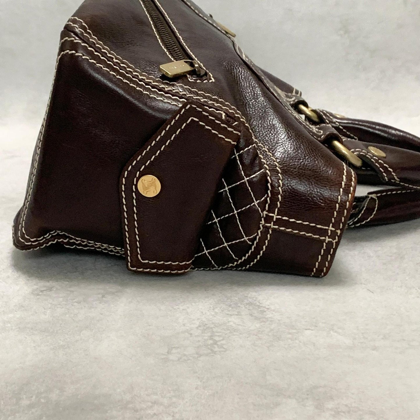 CELINE Boogie Bag Handbag Purse Leather Quilted Brown Gold Used Auth Women's