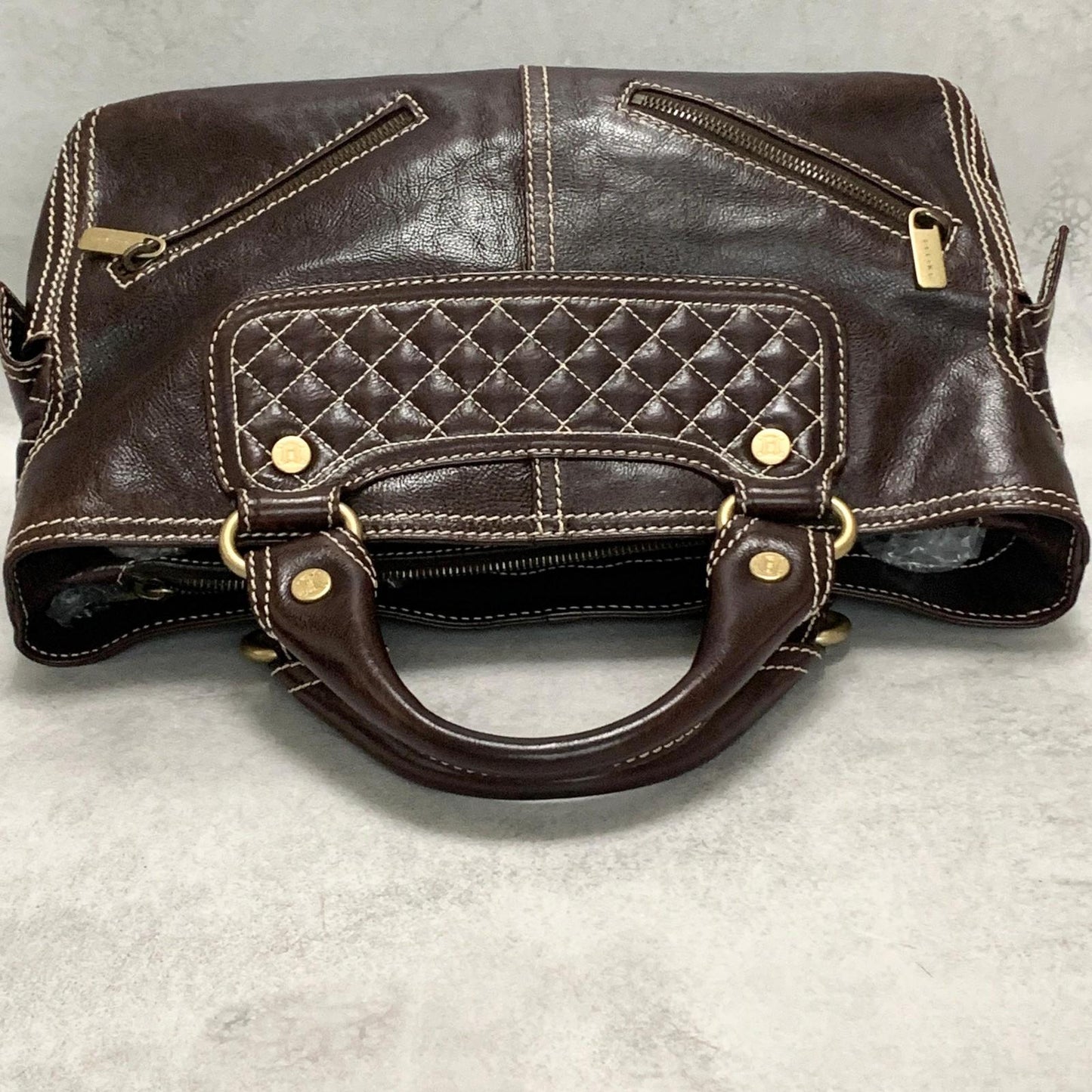 CELINE Boogie Bag Handbag Purse Leather Quilted Brown Gold Used Auth Women's