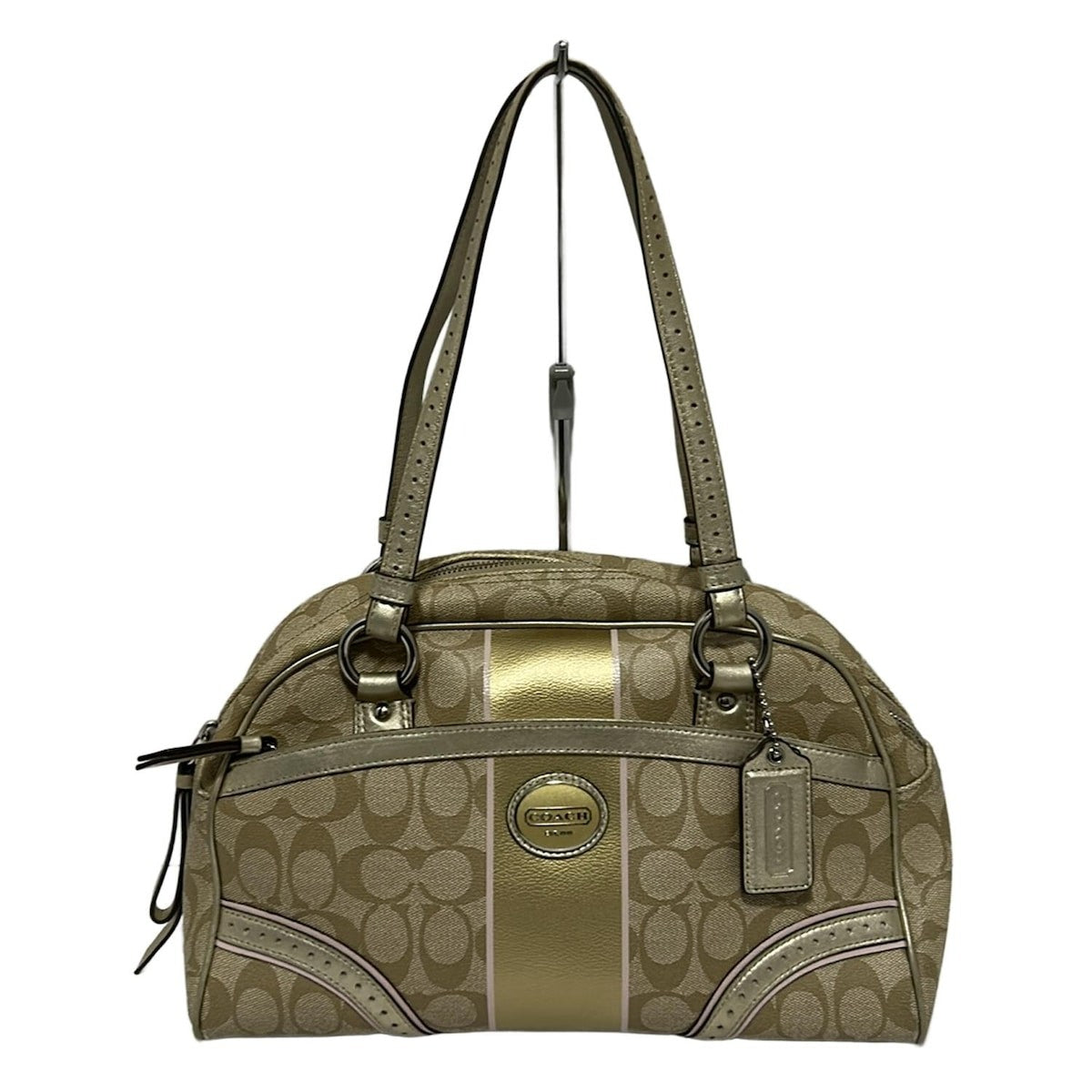 COACH Mini Boston Shoulder Bag Purse Signature PVC Leather Light Khaki Gold Pink