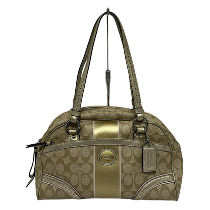 COACH Mini Boston Shoulder Bag Purse Signature PVC Leather Light Khaki Gold Pink