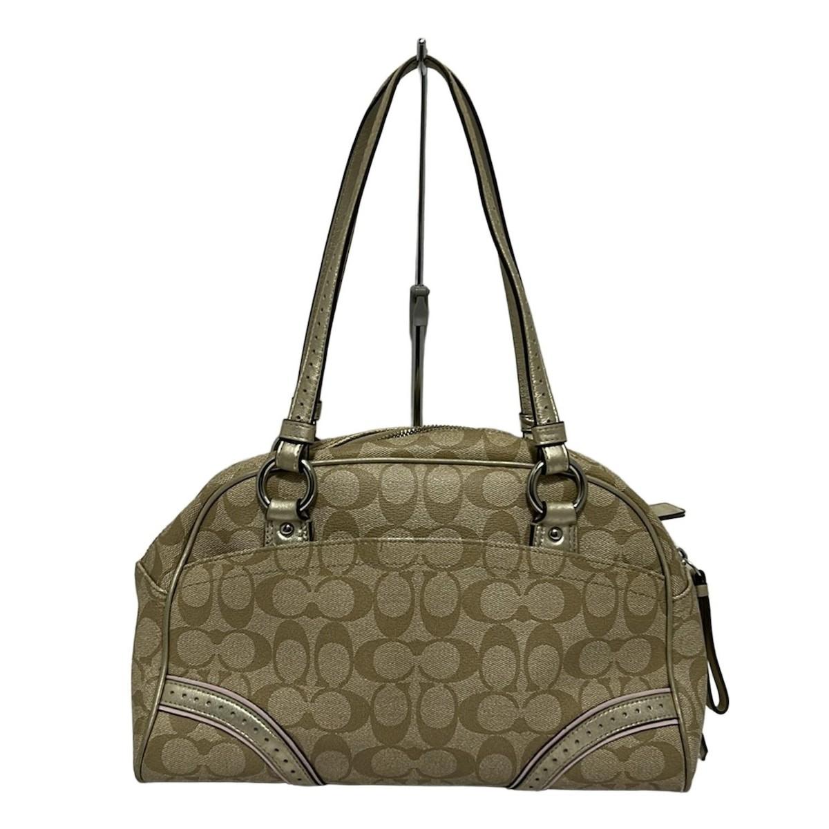 COACH Mini Boston Shoulder Bag Purse Signature PVC Leather Light Khaki Gold Pink