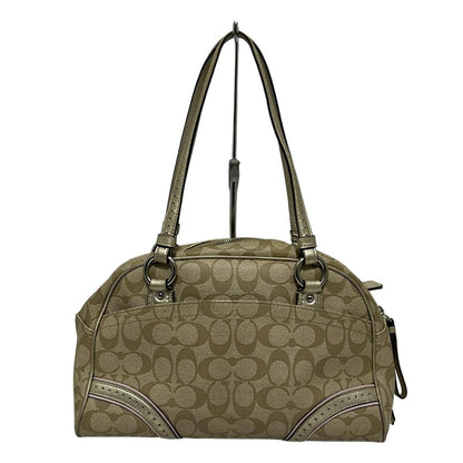 COACH Mini Boston Shoulder Bag Purse Signature PVC Leather Light Khaki Gold Pink