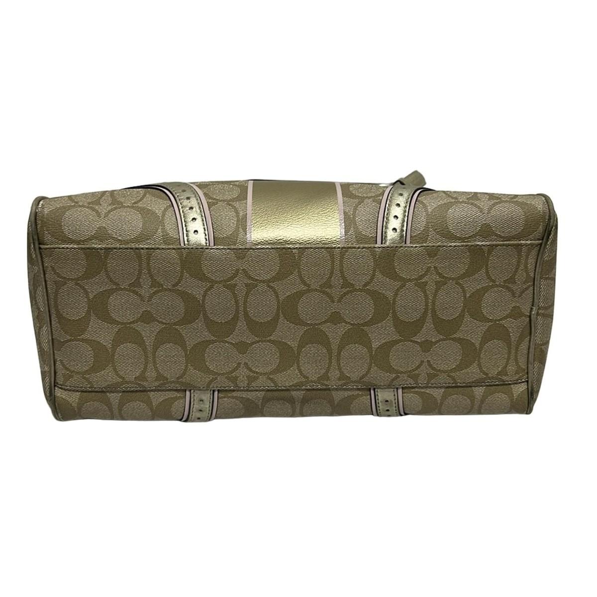 COACH Mini Boston Shoulder Bag Purse Signature PVC Leather Light Khaki Gold Pink