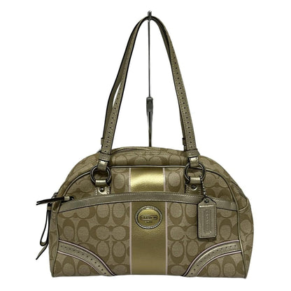 COACH Mini Boston Shoulder Bag Purse Signature PVC Leather Light Khaki Gold Pink