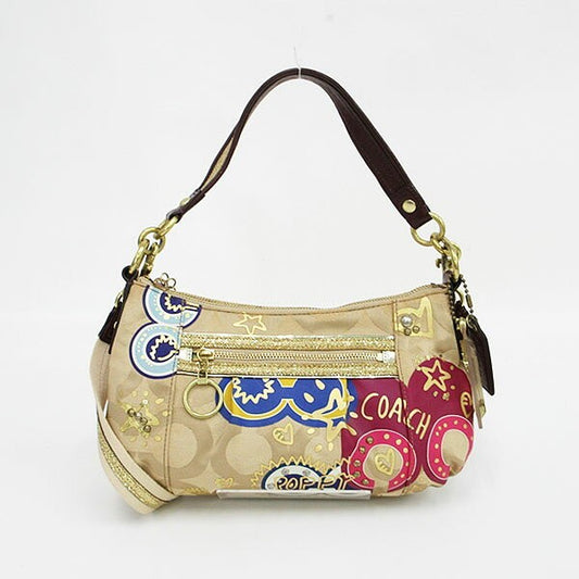 COACH Long Shoulder Bag Purse 2way Poppy Canvas Leather Brown Multicolor Auth
