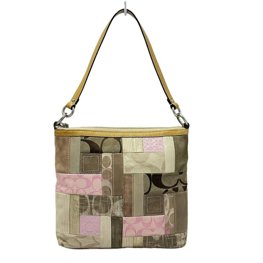 COACH Shoulder Bag Purse Signature Jacquard Suede Leather Pink Dark Brown