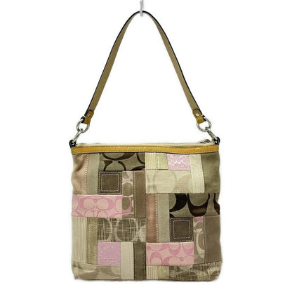 COACH Shoulder Bag Purse Signature Jacquard Suede Leather Pink Dark Brown