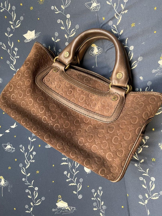 CELINE Hand Bag Tote Purse Boogie C Macadam Suede Brown Authentic
