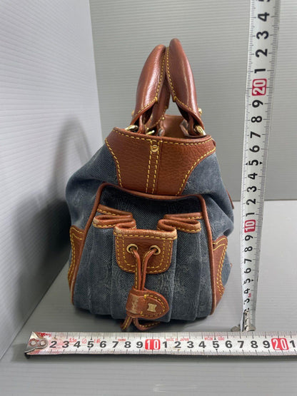 CELINE Hand Bag Tote Purse Boogie Macadam Denim Leather Brown Authentic