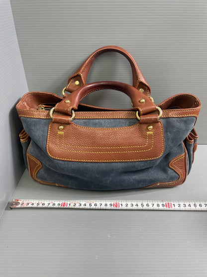 CELINE Hand Bag Tote Purse Boogie Macadam Denim Leather Brown Authentic