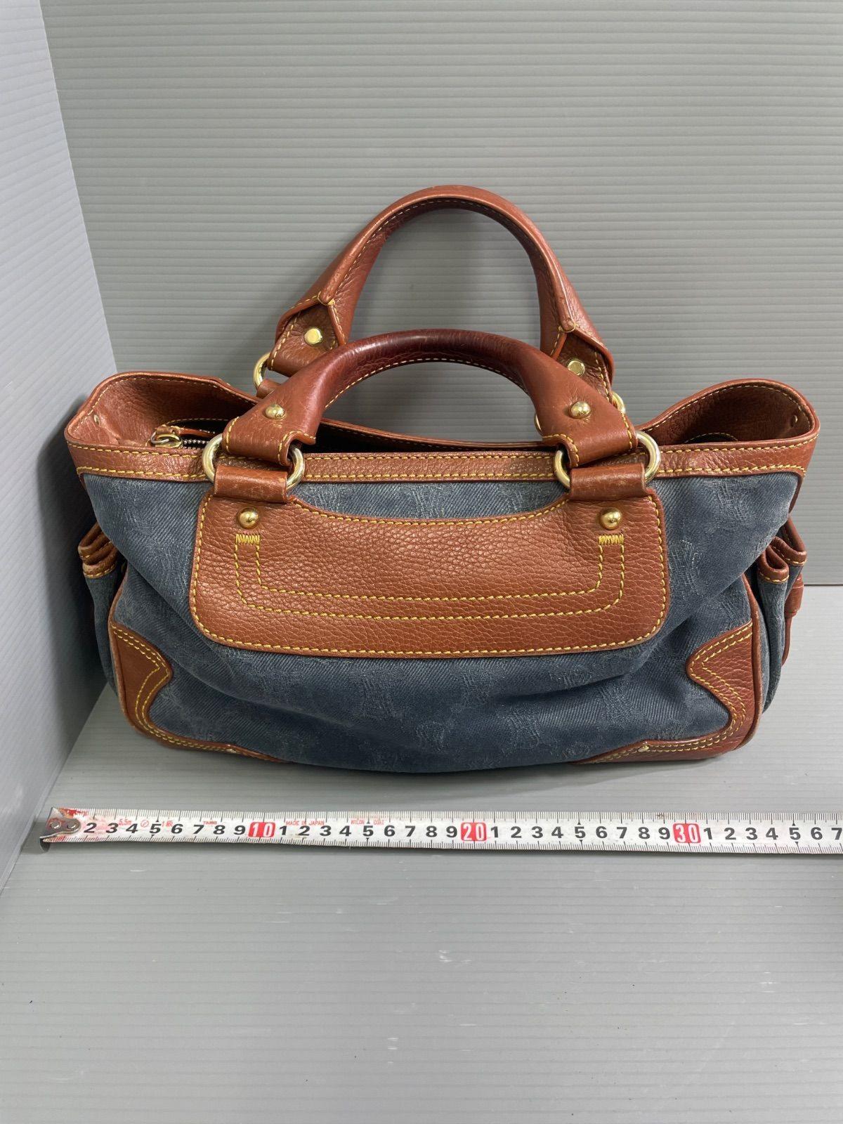 CELINE Hand Bag Tote Purse Boogie Macadam Denim Leather Brown Authentic