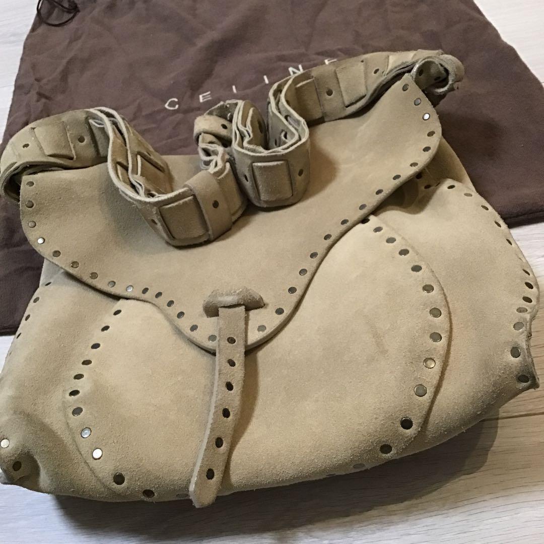 CELINE Shoulder Bag Purse Suede Beige Authentic