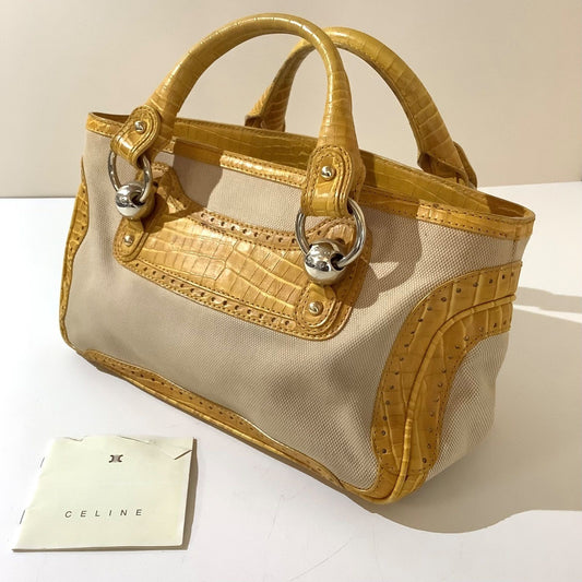 CELINE Hand Bag Tote Purse Boogie Leather Canvas Yellow Authentic