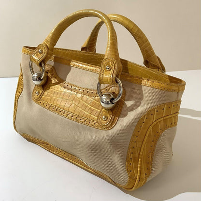 CELINE Hand Bag Tote Purse Boogie Leather Canvas Yellow Authentic