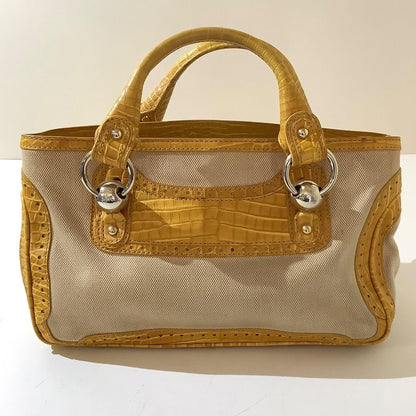 CELINE Hand Bag Tote Purse Boogie Leather Canvas Yellow Authentic