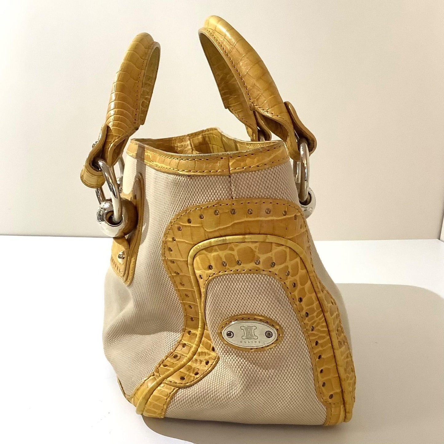 CELINE Hand Bag Tote Purse Boogie Leather Canvas Yellow Authentic