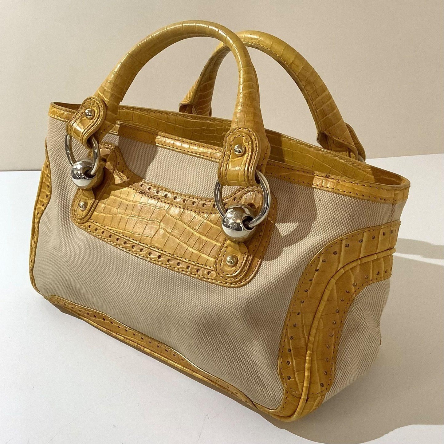 CELINE Hand Bag Tote Purse Boogie Leather Canvas Yellow Authentic