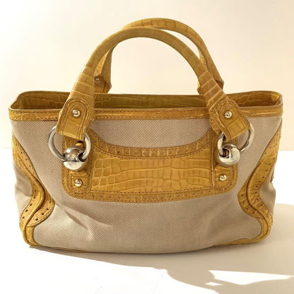 CELINE Hand Bag Tote Purse Boogie Leather Canvas Yellow Authentic
