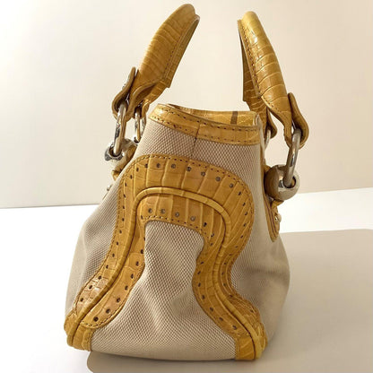 CELINE Hand Bag Tote Purse Boogie Leather Canvas Yellow Authentic