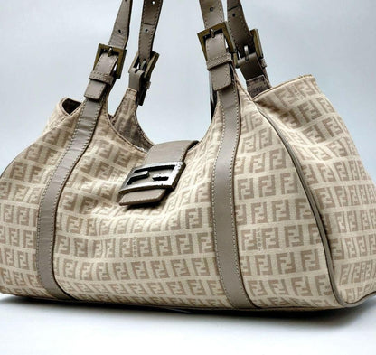 FENDI Shoulder Bag Purse FF Zucchino Canvas Leather Beige Authentic