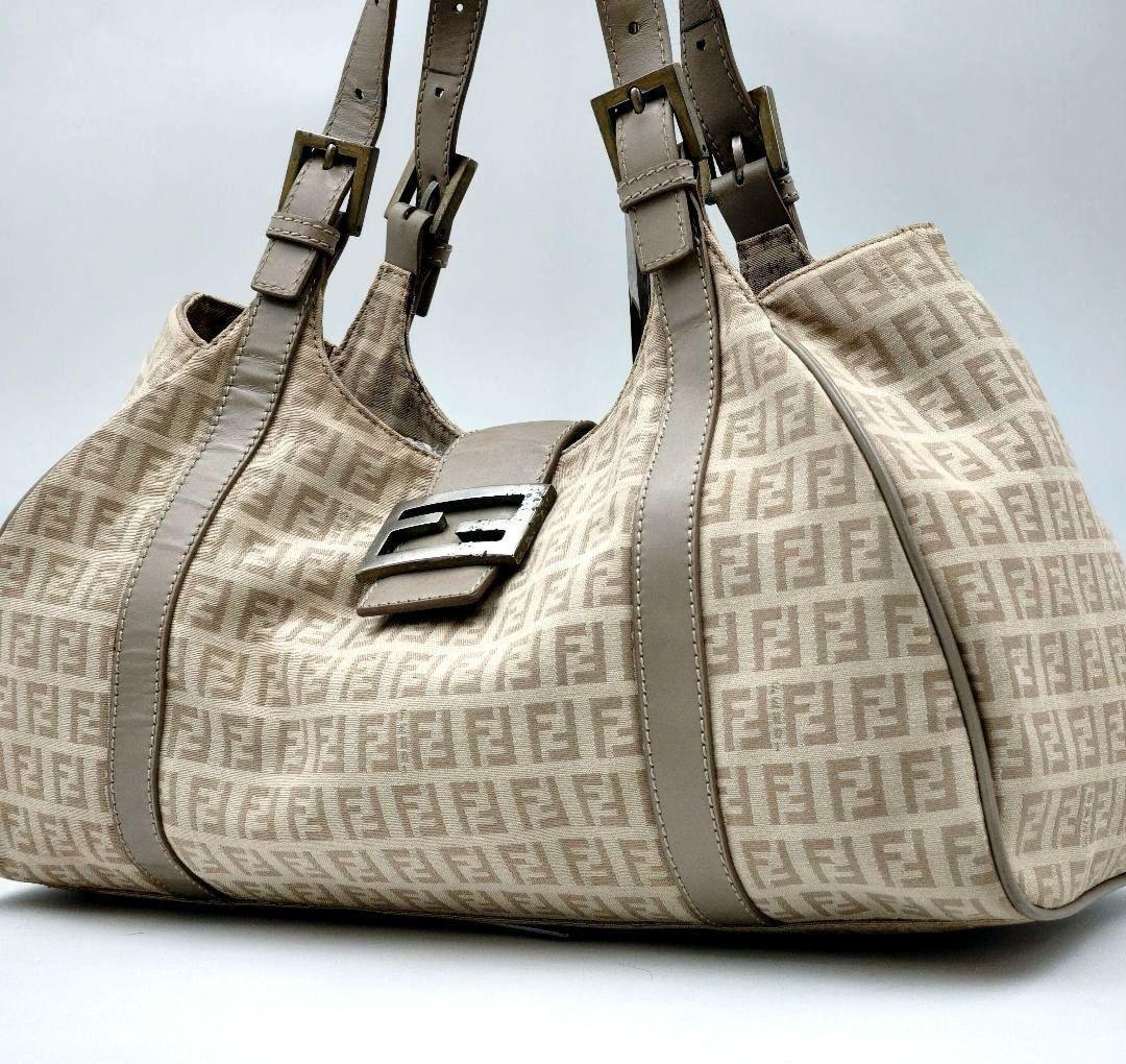 FENDI Shoulder Bag Purse FF Zucchino Canvas Leather Beige Authentic