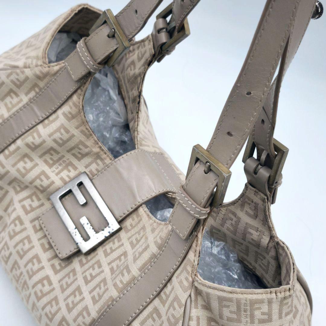 FENDI Shoulder Bag Purse FF Zucchino Canvas Leather Beige Authentic