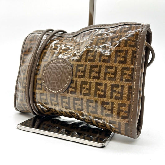 FENDI Shoulder Bag Purse FF Zucchino PVC Leather Brown Authentic