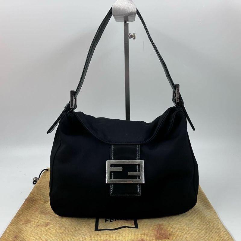 FENDI Shoulder Bag Purse FF Baguette Leather cotton jersey Black Authentic