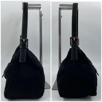 FENDI Shoulder Bag Purse FF Baguette Leather cotton jersey Black Authentic