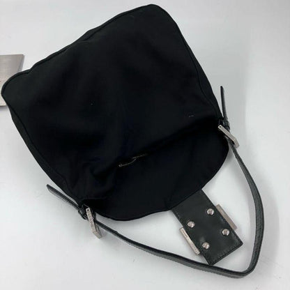 FENDI Shoulder Bag Purse FF Baguette Leather cotton jersey Black Authentic