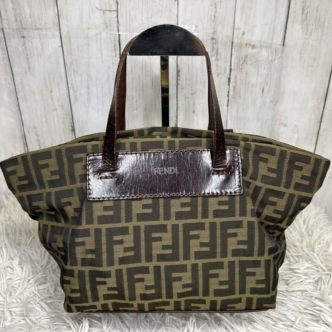 FENDI Hand Bag Tote Purse FF Zucca Zucchino Nylon Canvas Brown Authentic
