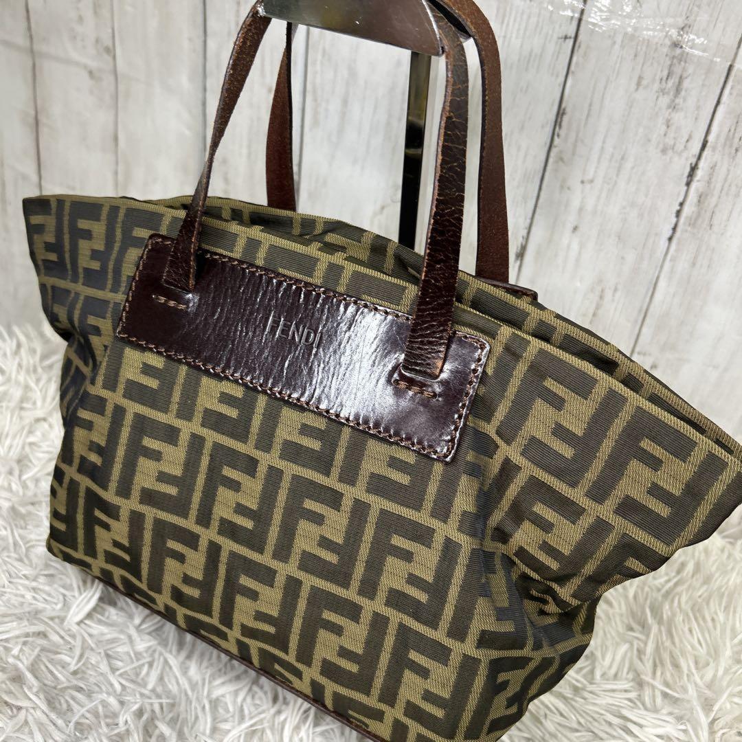 FENDI Hand Bag Tote Purse FF Zucca Zucchino Nylon Canvas Brown Authentic